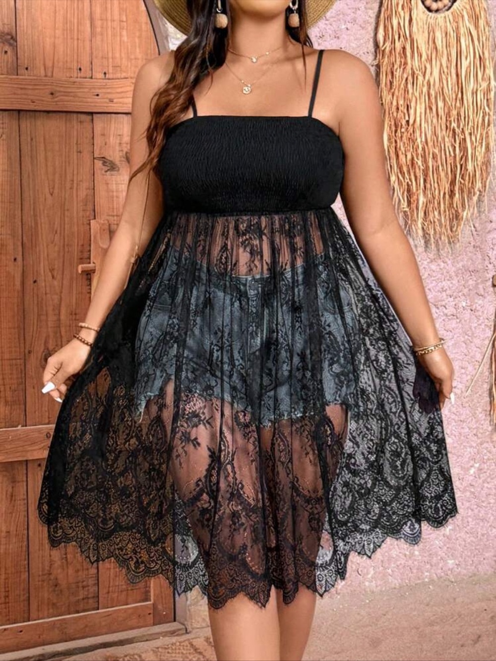 Black Floral Lace Mesh Sheer Babydoll Cami Smocked Dress